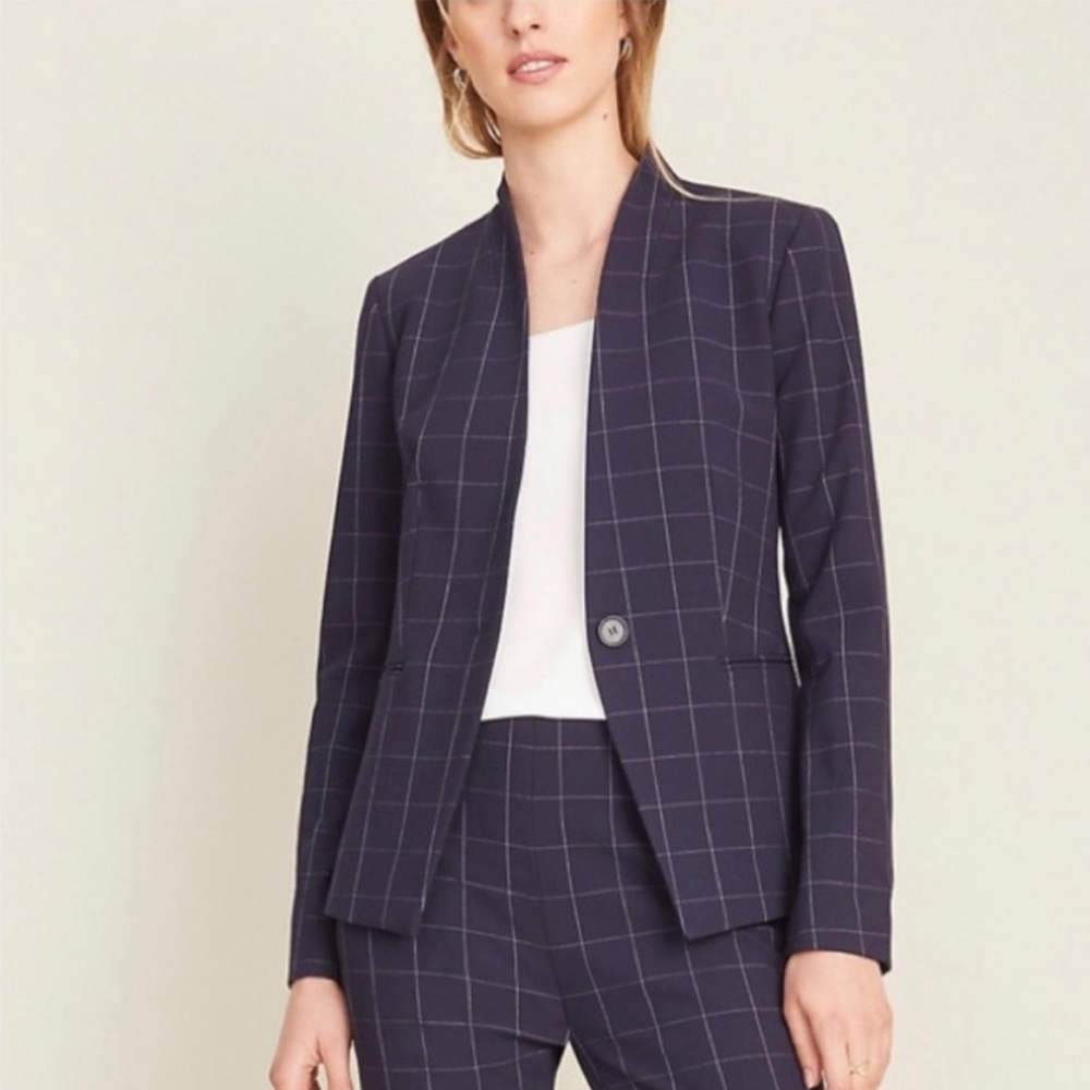 Ann Taylor Women’s Sz 8 Navy Blue Window Pane Print Structured Blazer